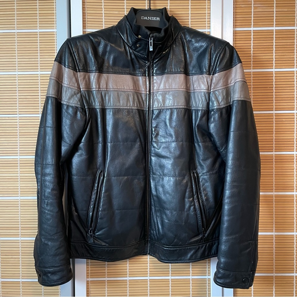 Danier Black and Gray Leather Bomber Jacket